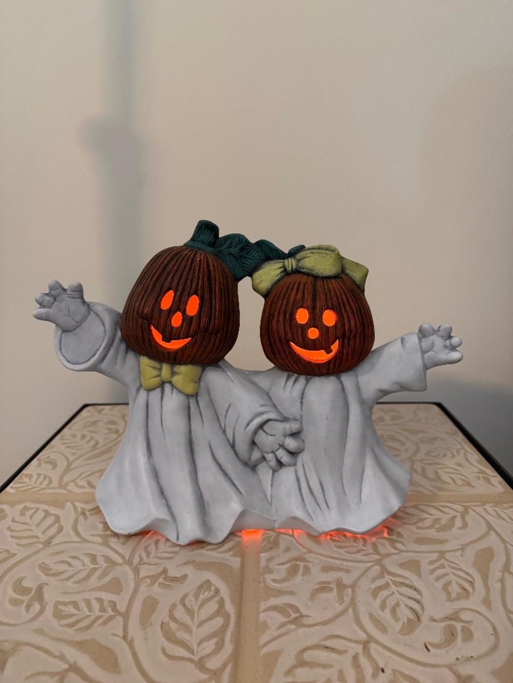 Vintage Hand Painted Ceramic Pumpkin Head Ghost Couple Halloween Decor